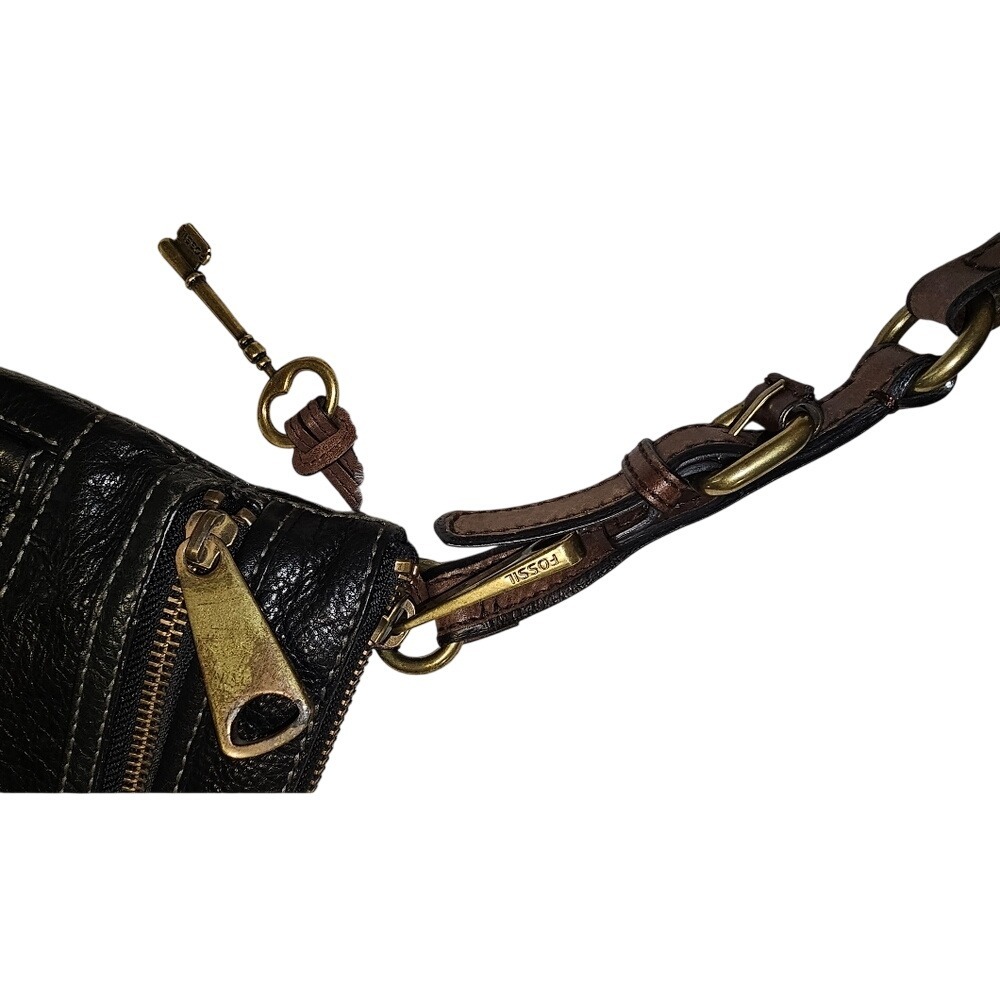 Vintage Fossil Black Pebbled Leather Explorer Triple Zip Black Crossbody Bag - Picture 9 of 13